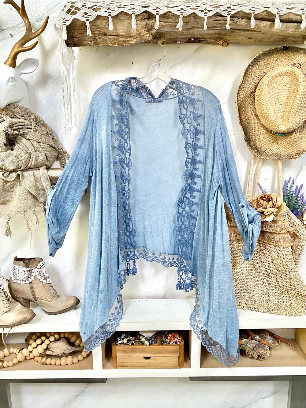 Rustic blue linen blend waterfall cardigan w lace detailing vacay vibe